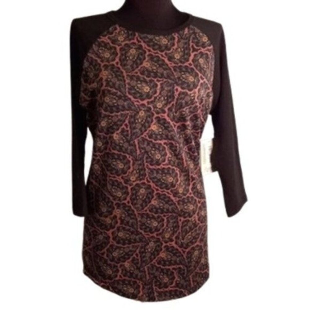 LuLaRoe Size S Randy Raglan Baseball Tee Shirt Black Paisley 3/4 Sleeve NEW
